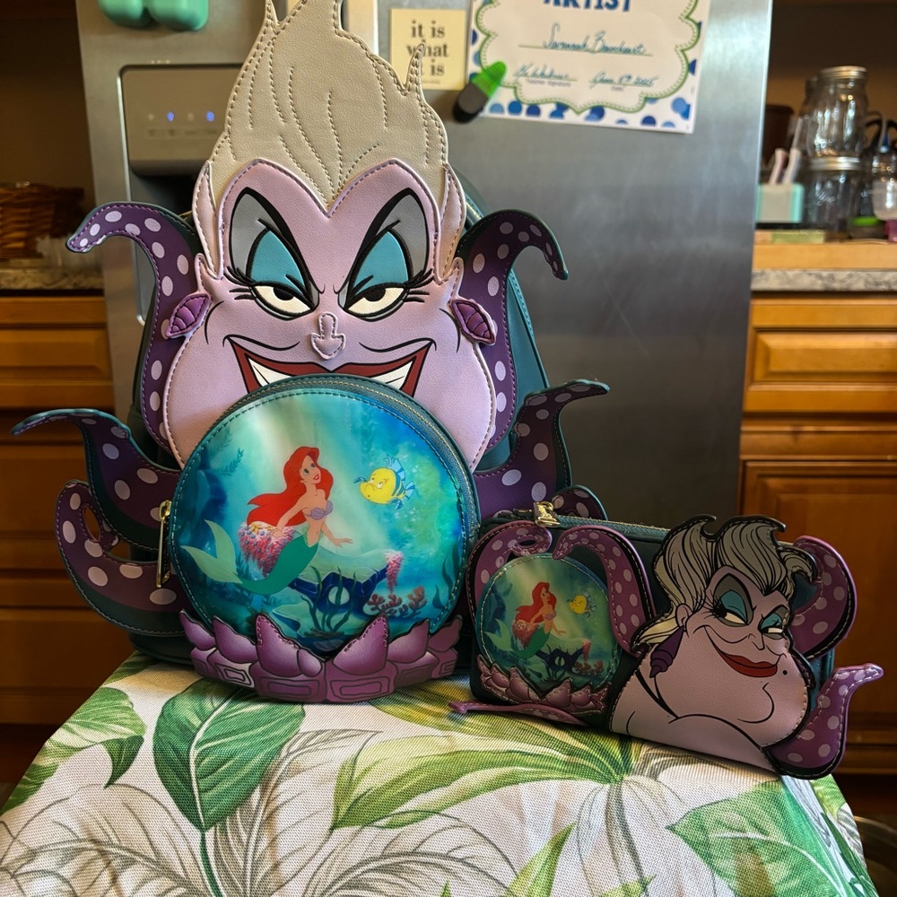 retired Disney Loungefly Villain Scene Ursula Crystal Ball backpack and wallet